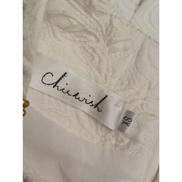 Chickwick Ivory Brocade Dress With Beaded Collar Regency Print on The Hem Sz XS - Picture 8 of 9